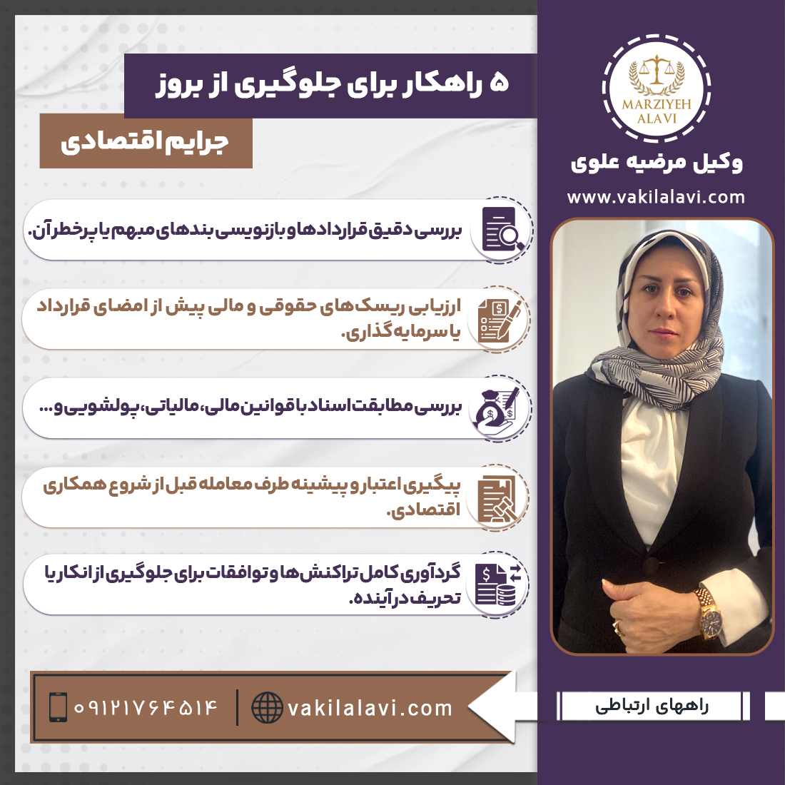 5 راهکار برای جلوگیری از بروز جرایم اقتصادی 1. بررسی دقیق قراردادها و بازنویسی بندهای مبهم یا پرخطر آن. 2. ارزیابی ریسک‌های حقوقی و مالی پیش از امضای قرارداد یا سرمایه‌گذاری. 3. بررسی مطابقت اسناد با قوانین مالی، مالیاتی، پولشویی و ... 4. پیگیری اعتبار و پیشینه طرف معامله قبل از شروع همکاری اقتصادی. 5. گردآوری کامل تراکنش‌ها و توافقات برای جلوگیری از انکار یا تحریف در آینده. 