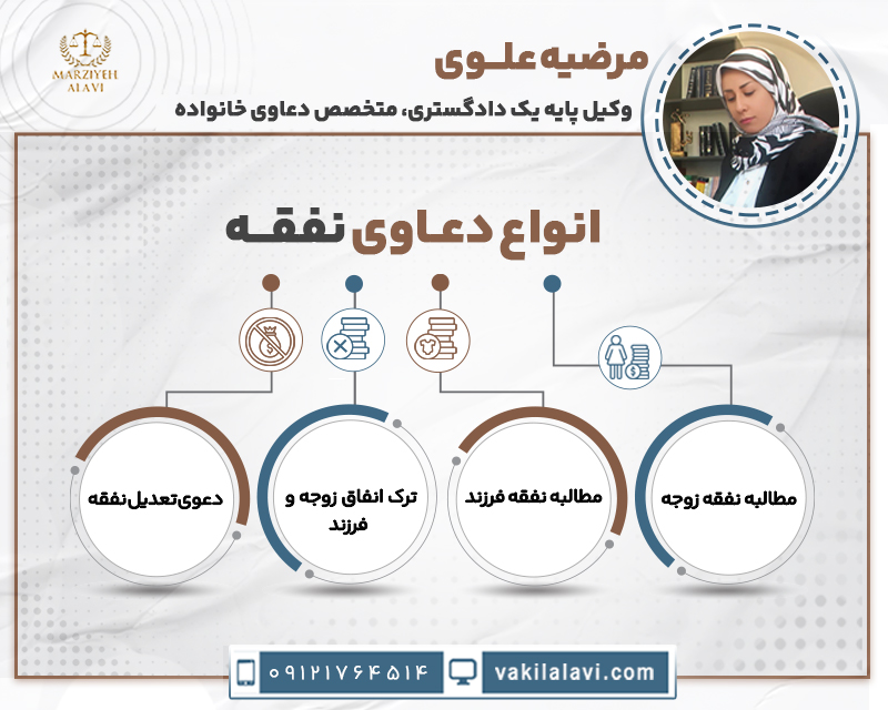 انواع دعاوی نفقه • مطالبه نفقه زوجه • مطالبه نفقه فرزند • دعوی تعدیل نفقه • تک انفاق زوجه و فرزند 