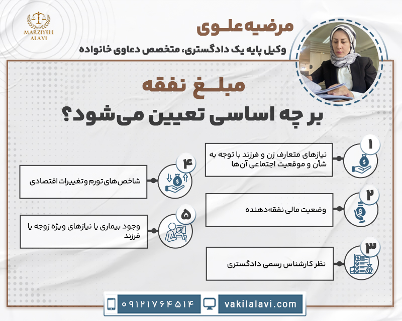 مبلغ نفقه بر چه اساسی تعیین می‌شود؟ • نیازهای متعاف زن و فرزند با توجه به شأن و موقعیت اجتماعی آن‌ها. • وضعیت مالی نفقه‌دهنده • نظر کارشناس رسمی دادگستری • شاخص‌های تورم و تغییرات اقتصادی • وجود بیماری یا نیازهای ویژه زوجه یا فرزند 