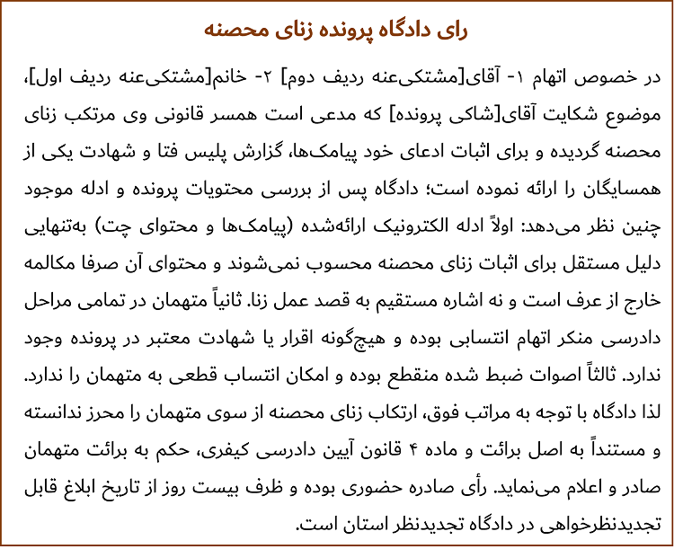 در خصوص اتهام 1- آقای[مشتکی‌عنه ردیف دوم] 2- خانم[مشتکی‌عنه ردیف اول]، موضوع شکایت آقای[شاکی پرونده] که مدعی است همسر قانونی وی مرتکب زنای محصنه گردیده‌ و برای اثبات ادعای خود پیامک‌ها، گزارش پلیس فتا و شهادت یکی از همسایگان را ارائه نموده است؛ دادگاه پس از بررسی محتویات پرونده و ادله موجود چنین نظر می‌دهد: اولاً ادله الکترونیک ارائه‌شده (پیامک‌ها و محتوای چت) به‌تنهایی دلیل مستقل برای اثبات زنای محصنه محسوب نمی‌شوند و محتوای آن صرفا مکالمه خارج از عرف است و نه اشاره مستقیم به قصد عمل زنا. ثانیاً متهمان در تمامی مراحل دادرسی منکر اتهام انتسابی بوده و هیچ‌گونه اقرار یا شهادت معتبر در پرونده وجود ندارد. ثالثاً اصوات ضبط شده منقطع بوده و امکان انتساب قطعی به متهمان را ندارد. لذا دادگاه با توجه به مراتب فوق، ارتکاب زنای محصنه از سوی متهمان را محرز ندانسته و مستنداً به اصل برائت و ماده 4 قانون آیین دادرسی کیفری، حکم به برائت متهمان صادر و اعلام می‌نماید. رأی صادره حضوری بوده و ظرف بیست روز از تاریخ ابلاغ قابل تجدیدنظرخواهی در دادگاه تجدیدنظر استان است.